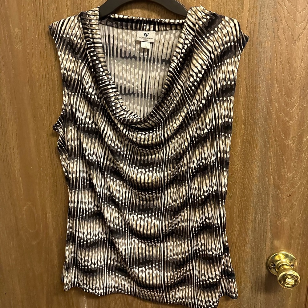 Worthington‎ Stretch Black and Beige Sleeveless Patterned Top Blouse Size Large